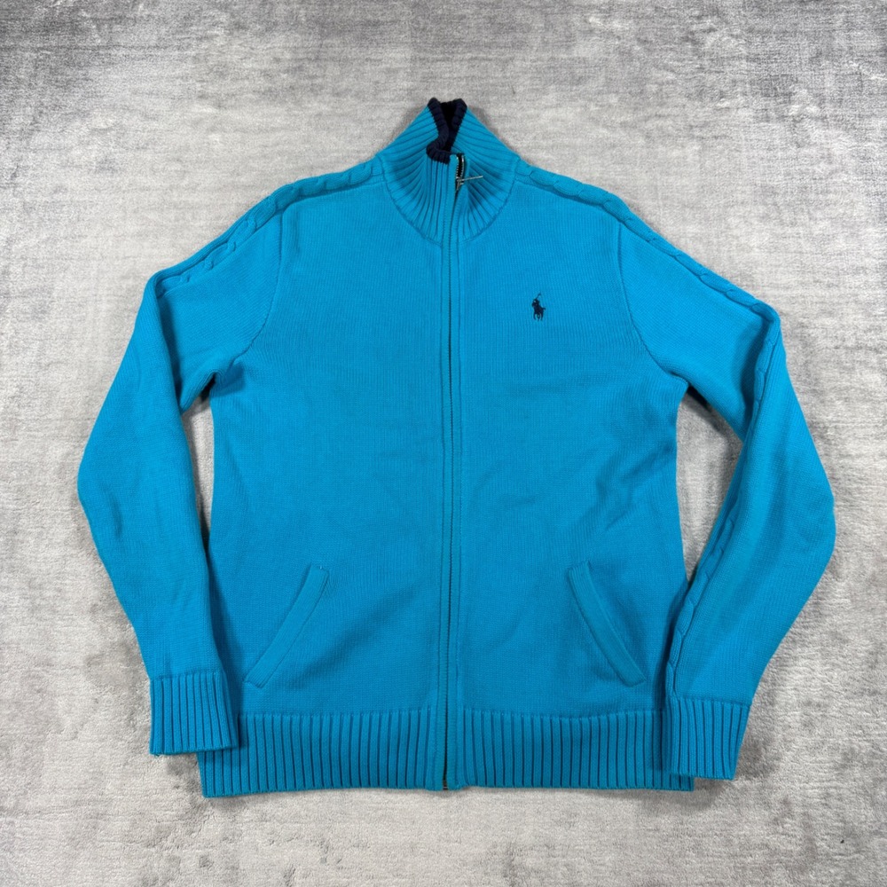 Ralph Lauren Sport Cardigan Women Large Blue Full Zip Cotton Cable Knit Sweater